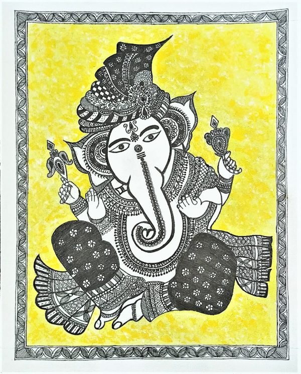 Ganesha in Black and White Yellow Background Madhubani (Without Frame) –  VIA LEW